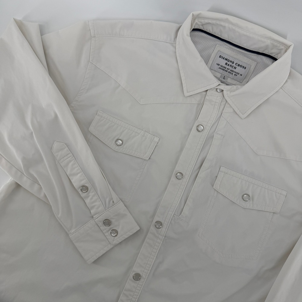 Diamond Cross Ranch Western Shirt Mens Large Off White Pearl Snap Long Sleeve